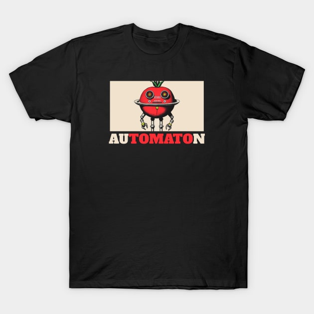 "auTOMATOn" Tomato Robot Pun Brutalism T-Shirt by Decamega